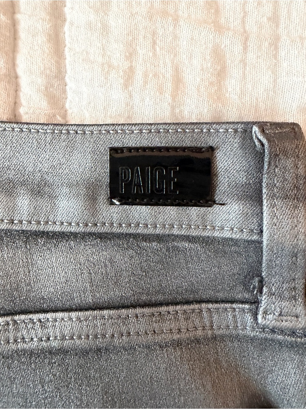 NWT PAIGE Claudine Silver Shimmer Metallic Coated High Rise Flare Jeans - Picture 9 of 17